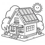 House with Solar Panels on the Roof Trees and Sun ☀️🌳🏠