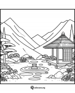 Japanese Garden with a Pond, a Little Pavillion and Mountains in the Background 🏞️🎋🏯