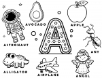 Letter A Words Learning Sheet: Astronaut - Avocado - Apple - Ant - Angel - Airplane - Alligator 🅰️🥑🐊🍎🐜