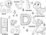 Letter D Words Learning Sheet: Dog - Duck - Drink - Dinosaur - Dance - Deer - Door 🐶🦆🦖