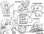 Letter E Words Learning Sheet: Eskimo - Eagle - Elephant - Eight - Engine - Earth - Ear 🦅🐘🚂