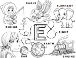 Letter E Words Learning Sheet: Eskimo - Eagle - Elephant - Eight - Engine - Earth - Ear 🦅🐘🚂