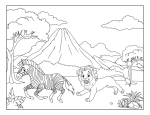 Lion Chasing Zebra in a Savannah with Volcano Mountain Background 🦁🦓🌋🌾🔥