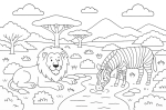 Lion and Zebra by the Water in the Savanna 🦁🦓🌳