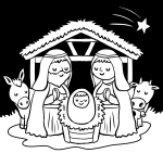 Nativity Scene: Mary, Joseph and Baby Jesus with Donkey and Ox in Front of Stable 🌟🐄🕊️