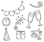 New Year Party Elements: Glasses Toasting, Party Hat, Clock, Fireworks, Streamers 🥂🎉🎆🎊
