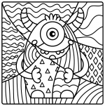 Cute One-Eyed Monster with Patterns of Lines, Waves, Triangles and Diamonds, with Horns and Little Arms 👁️✨🎨🌀