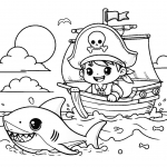 Pirate on Boat with Shark in the Sea with Sun in the Background 🏴‍☠️⛵🦈🌊🌞