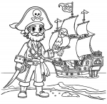 Pirate with Parrot and Sword Standing on Beach with Pirate Ship in Background 🏴‍☠️🦜⚔️