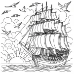 Pirate Sail Ship on the Sea at Sunset with Birds flying 🏴‍☠️🌅🕊️