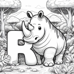 Rhino in Landscape with Letter R and Sun 🦏🌳☀️