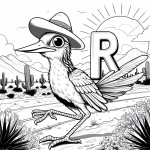 Roadrunner with Hat with Letter R in a Landscape with Cactus 🐦👒🌵