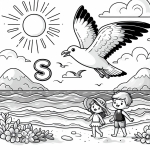 Seagull Flying over Beach with Boy and Girl Walking on Shore with Letter S 🐦🏖️🚶‍♂️🚶‍♀️