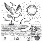 Seagull Flying over Beach with Girl Running and Letter S 🐦🏖️🏃‍♀️