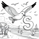 Seagull Flying over Beach with Kids and Letter S 🐦🏖️👶👦👧