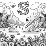 Mother Swan with Baby on Lake with Letter S Butterflies Flowers and Moon 🦢👶🏞️🌼🌕