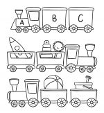 Three Toy Trains: One with Letters ABC, Two Filled with Toys: Rocket & Flower, Ball and Bucket with Shovel 🚂🔤