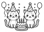 Two Cats with Birthday Cake with Three Candles Party Hats and Balloons 🎂🐱🎈