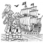 Two Pirates with Parrot on Hat Standing in Front of Pirate Ship 🏴‍☠️🦜