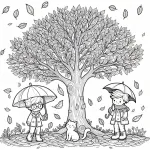 Two Boys with Umbrellas at a Tree with a Cat 🐱 in Fall 👬☔🍂