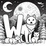 Wolf with Letter W and Baby Whelps at Night 🐺🌙🐾