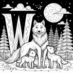 Wolf with Letter W and Baby Whelps at Night 🐺🌙🐾