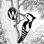 Woodpecker with Letter W on a Tree 🐦🌳