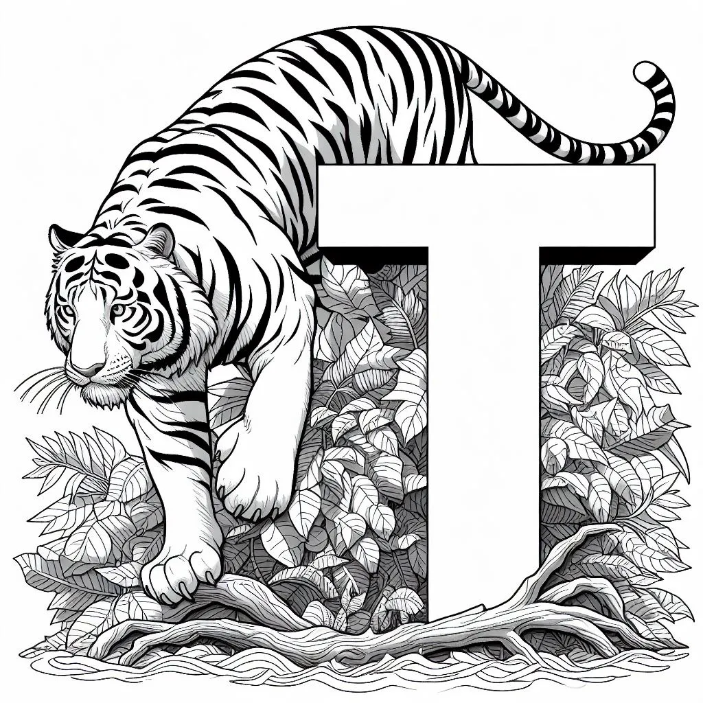 Tiger and Letter T 🐅 Coloring Page