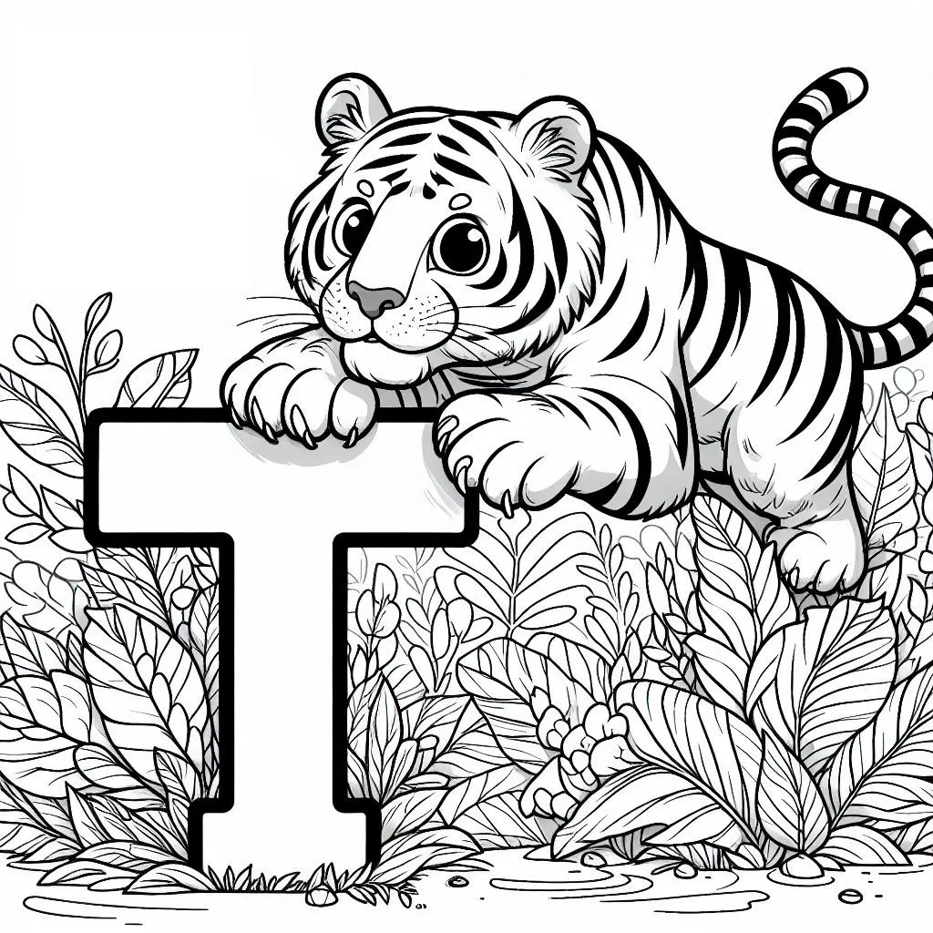 Cute Tiger Jumping, and Letter T 🐅🏃‍♂️ Coloring Page