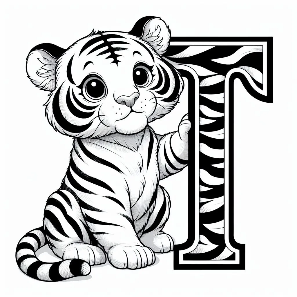 Cute Baby Tiger and Letter T 🐅👶 Coloring Page