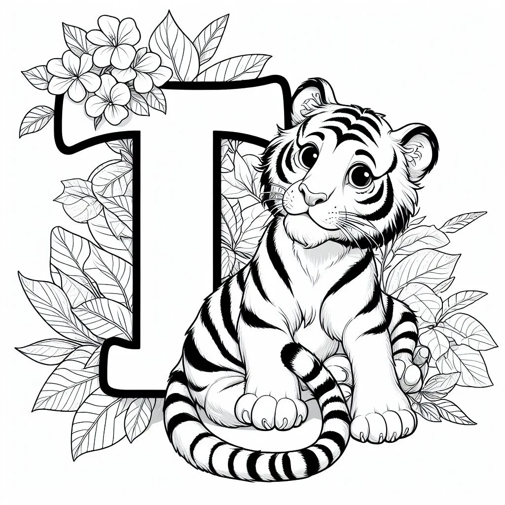 Cute Tiger and Letter T and Flowers 🐅💐 Coloring Page