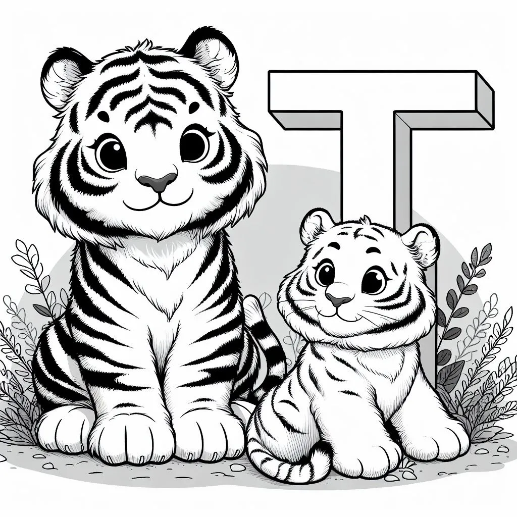 Two Cute Tigers and Letter T 🐅🐅 Coloring Page