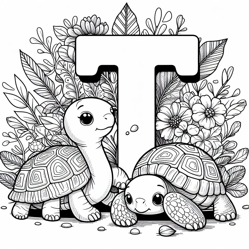 Tortoises with Letter T 🐢 Coloring Page