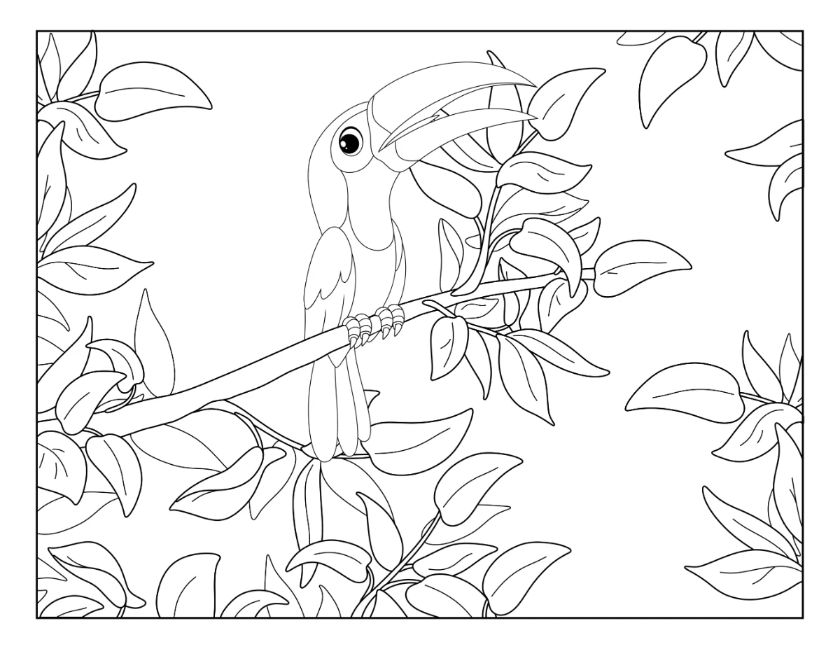 Toucan Perched on a Tree Branch in the Jungle 🦜🌴 Coloring Page