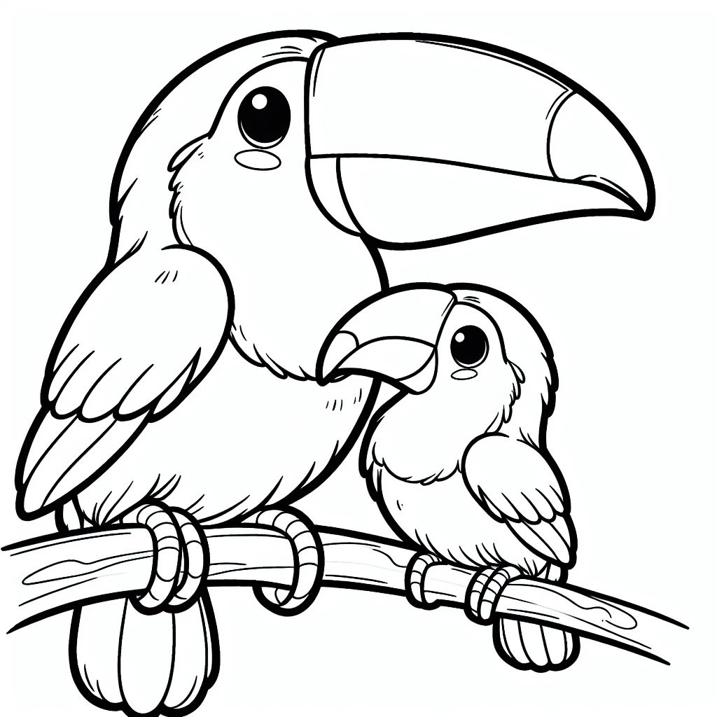 Toucan Bird with Baby on Branch 🐦👶🌳 Coloring Page