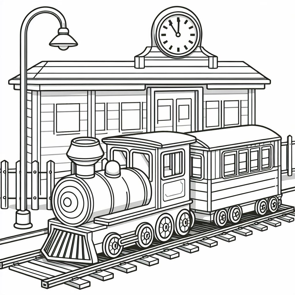 A Toy Train at a Train Station with a Clock 🚂🕰️ Coloring Page
