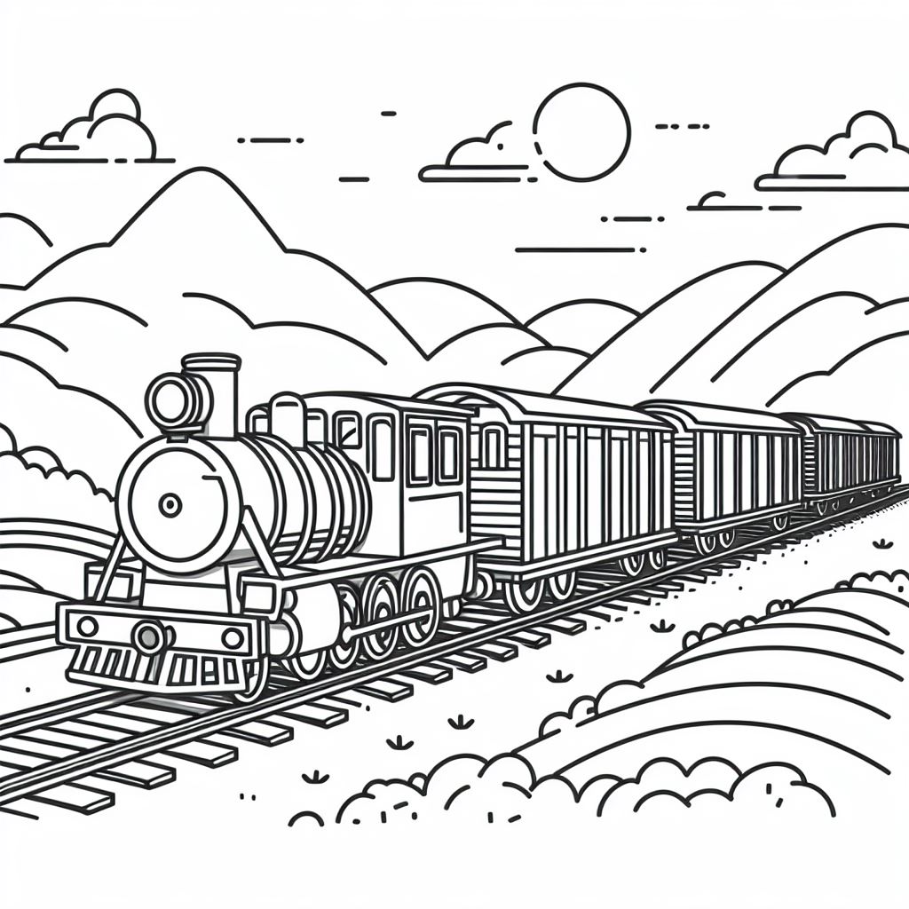 Train on track in Mountain Scenery 🚂🏞️ Coloring Page