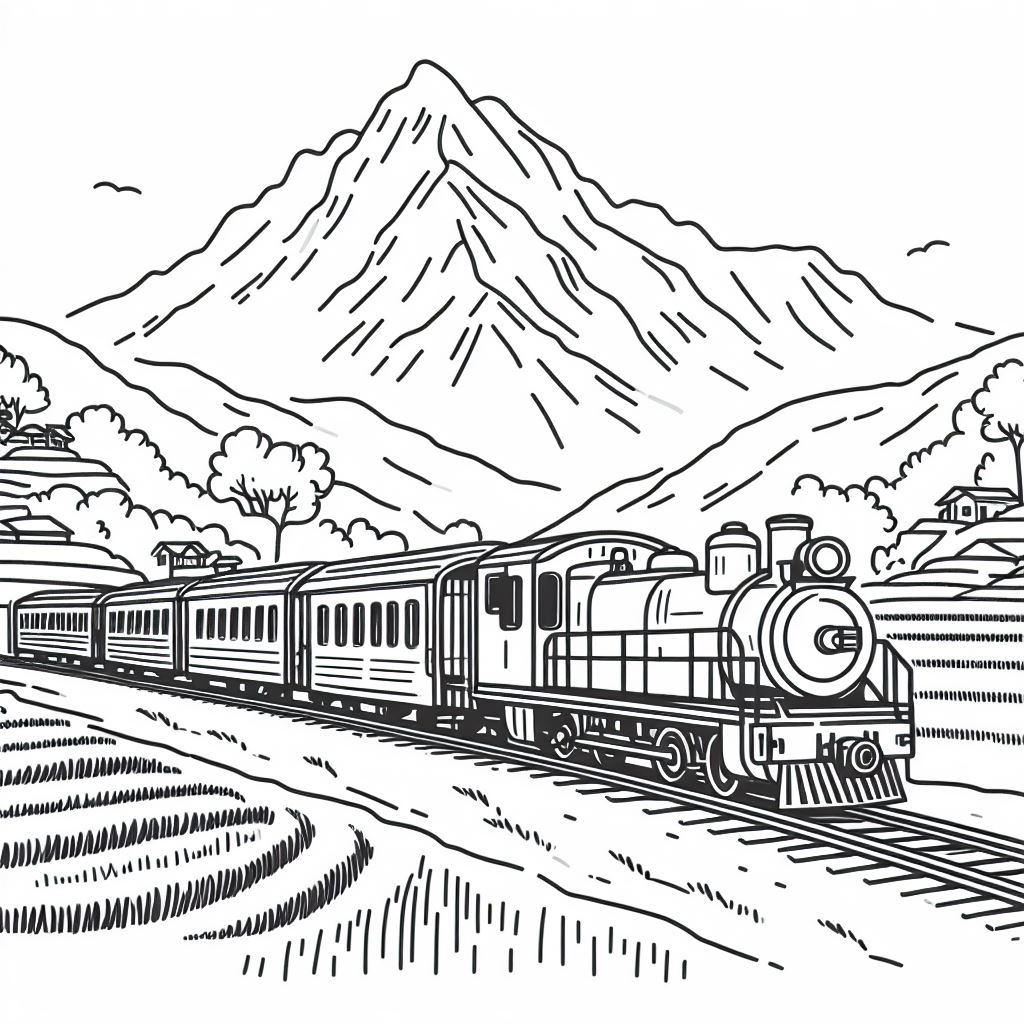 Train Riding in a Mountain Landscape 🚂🏔️ Coloring Page