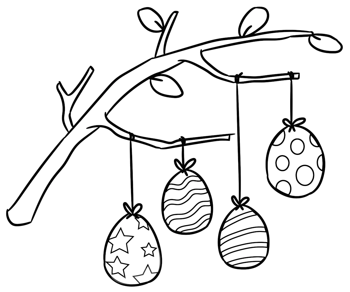 Tree Branch Decorated with Four Easter Eggs Hanging on Ropes 🌸🌳🥚 Coloring Page
