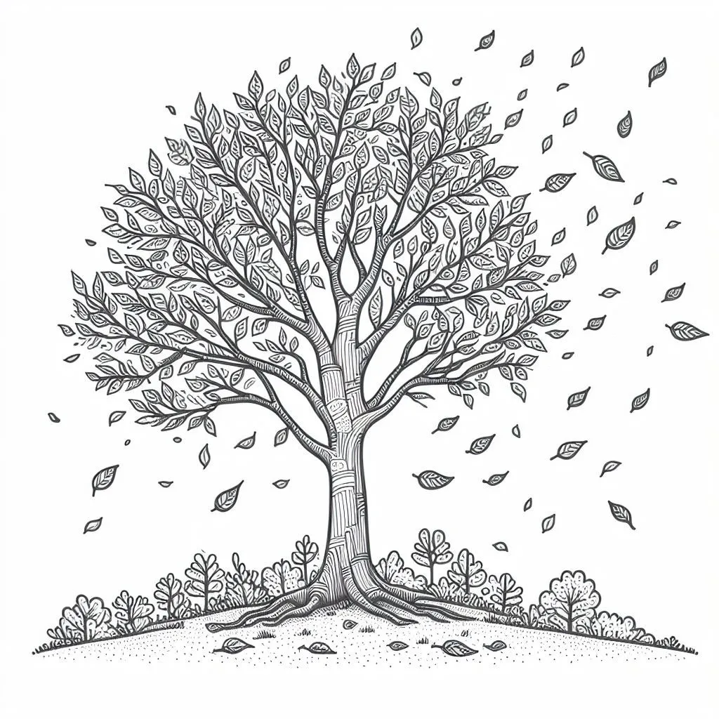 Tree in Autumn with Falling Leaves 🍁 Coloring Page