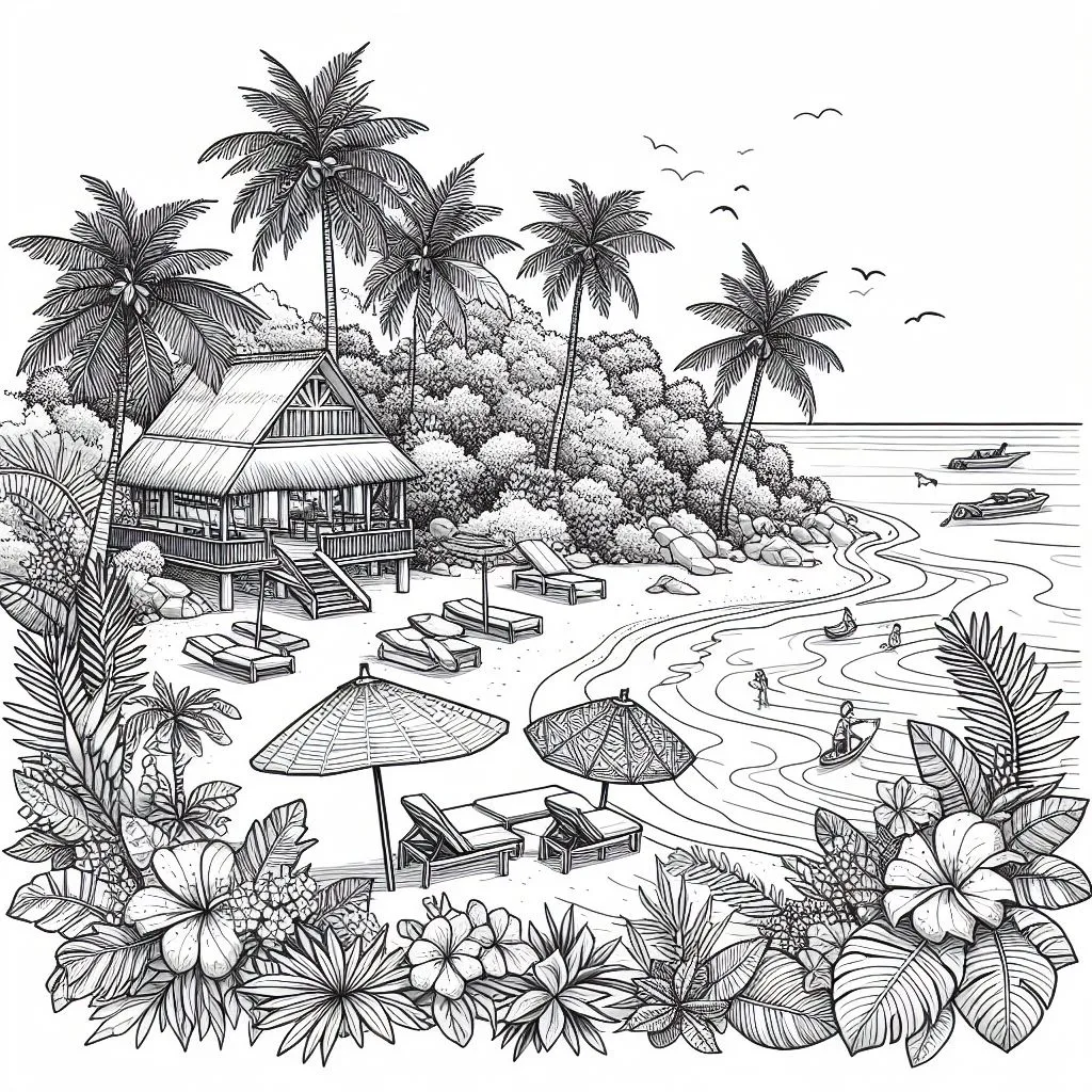 Tropical Beach with Flowers and Palm Trees 🏝️🌺🌴 Coloring Page