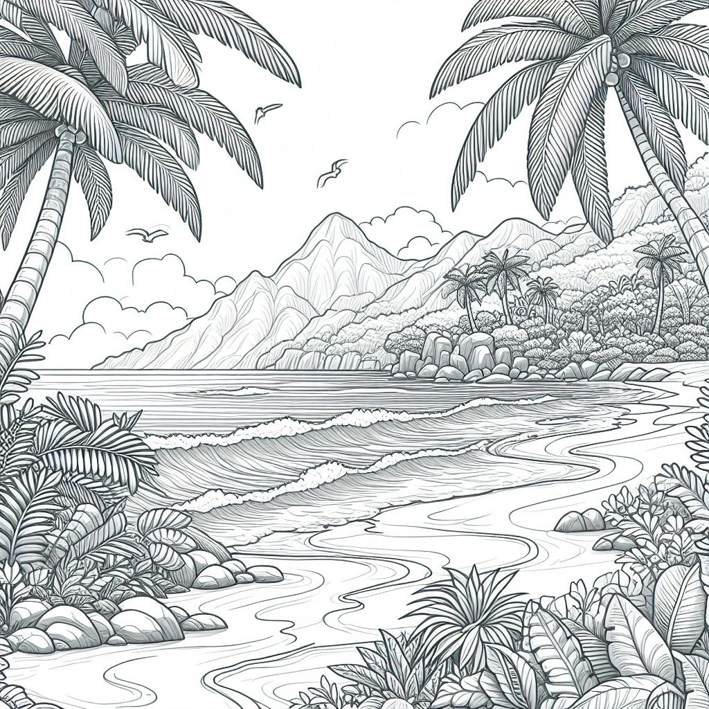 Tropical Beach 🏝️ Coloring Page