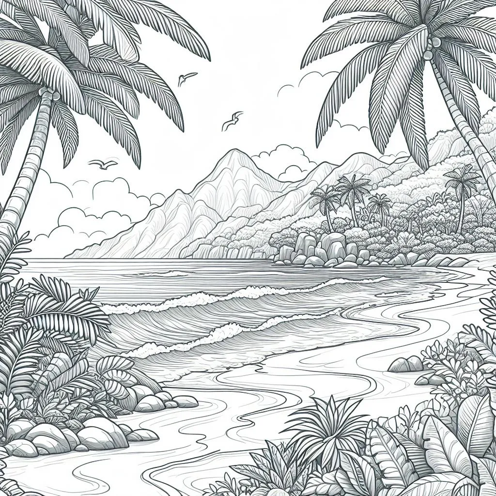 Tropical Beach 🏝️ Coloring Page