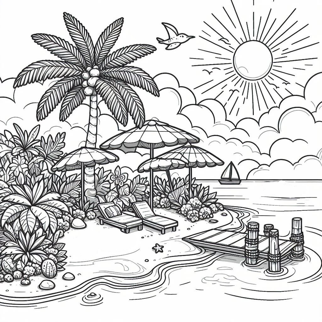 Tropical Beach 🏝️ Coloring Page