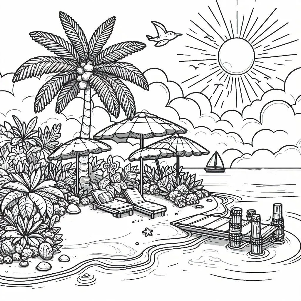 Tropical Beach 🏝️ Coloring Page