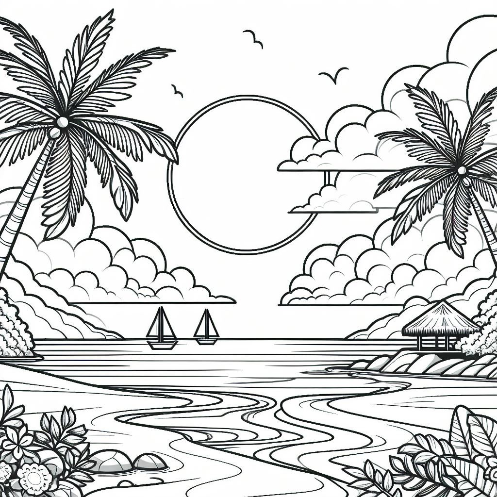 Tropical Beach with Sun 🏝️☀️🥥 Coloring Page