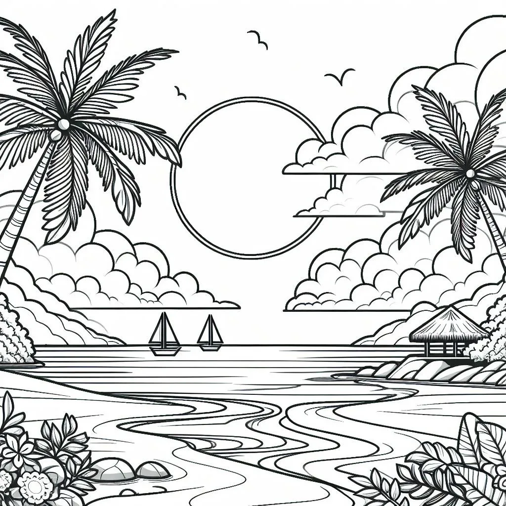 Tropical Beach with Sun 🏝️☀️🥥 Coloring Page