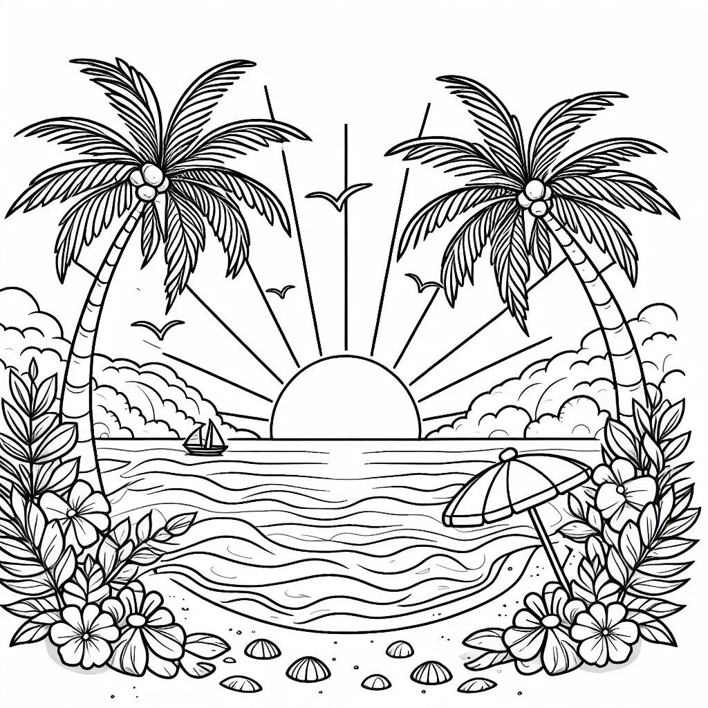 Tropical Beach with Sun 🏝️☀️🥥 Coloring Page