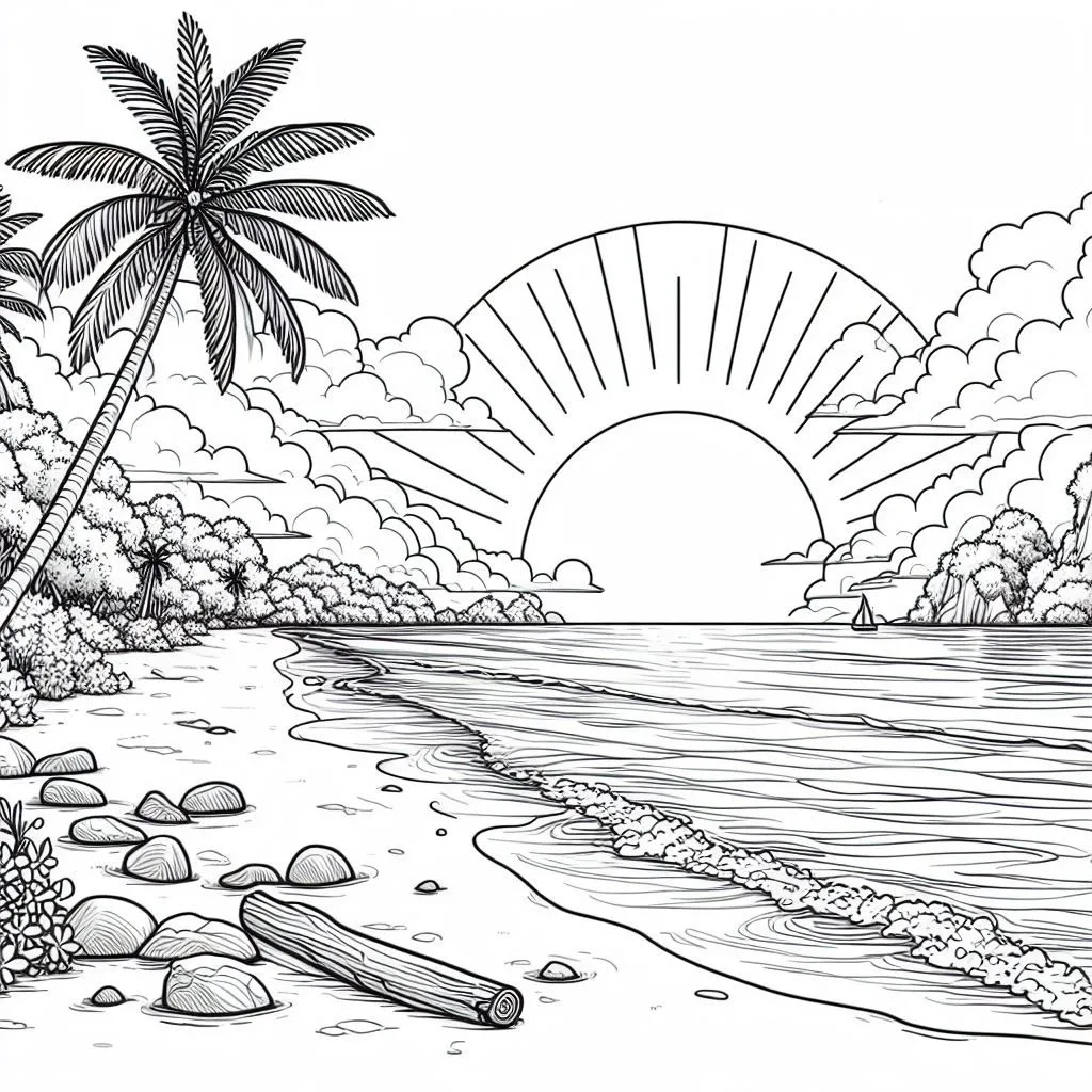 Tropical Beach Sunset 🌅🏝️ Coloring Page