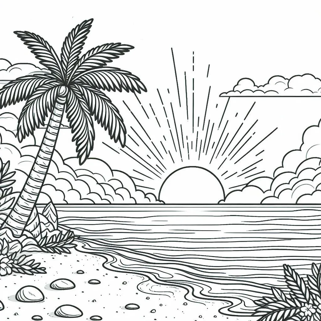 Tropical Beach Sunset 🌅🏝️🥥 Coloring Page
